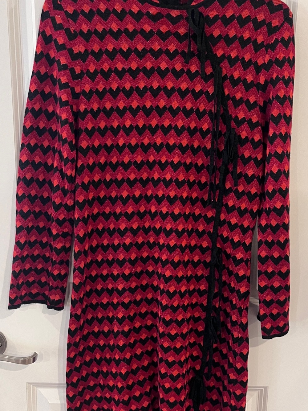 Zara Red Black Metallic Geometric Chevron Knit Side Tie Mock Neck Midi Dress M